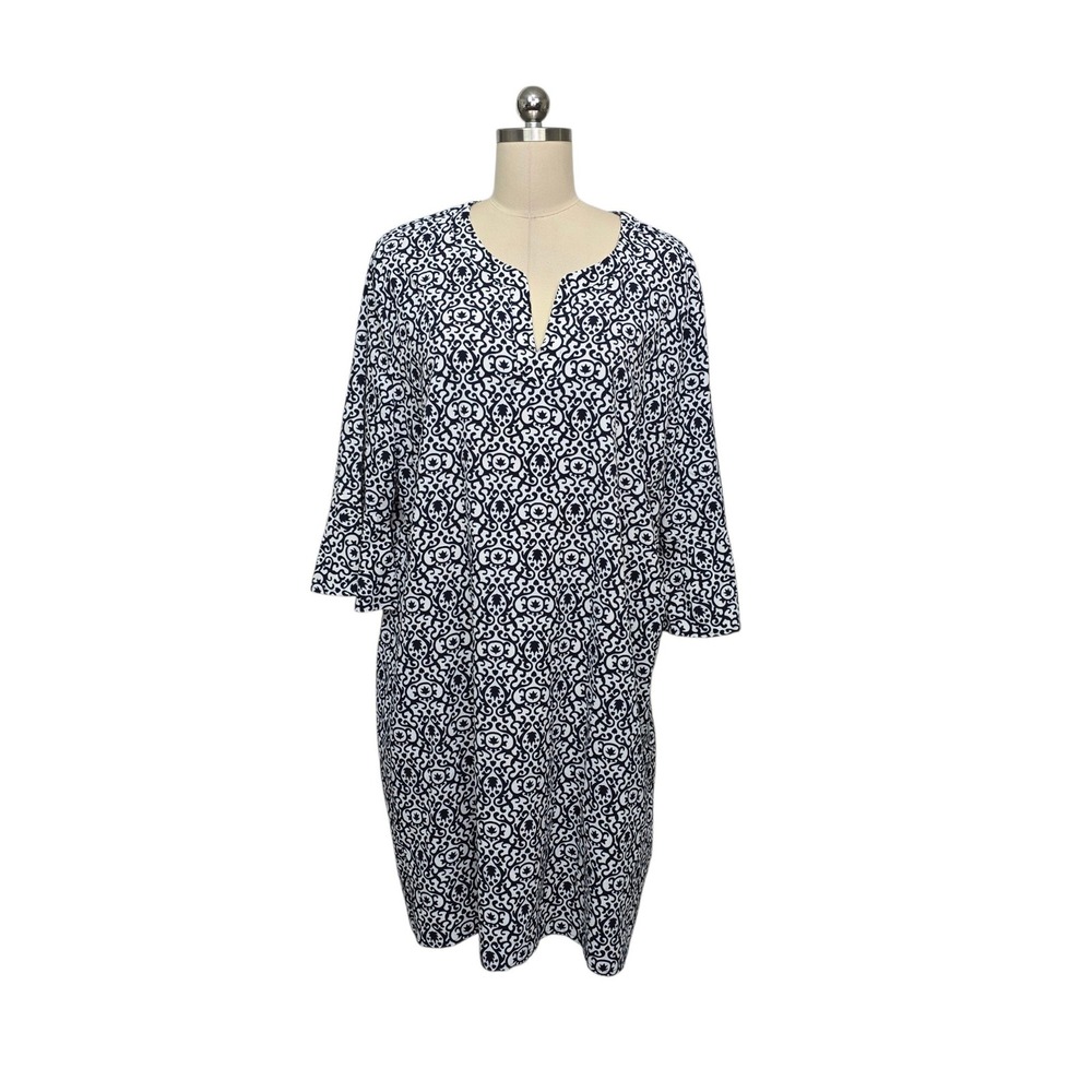 Coolibar sz XXL Navy White Damask UPF 50+ Sun Protection 3/4 Sleeve Tunic Dress
